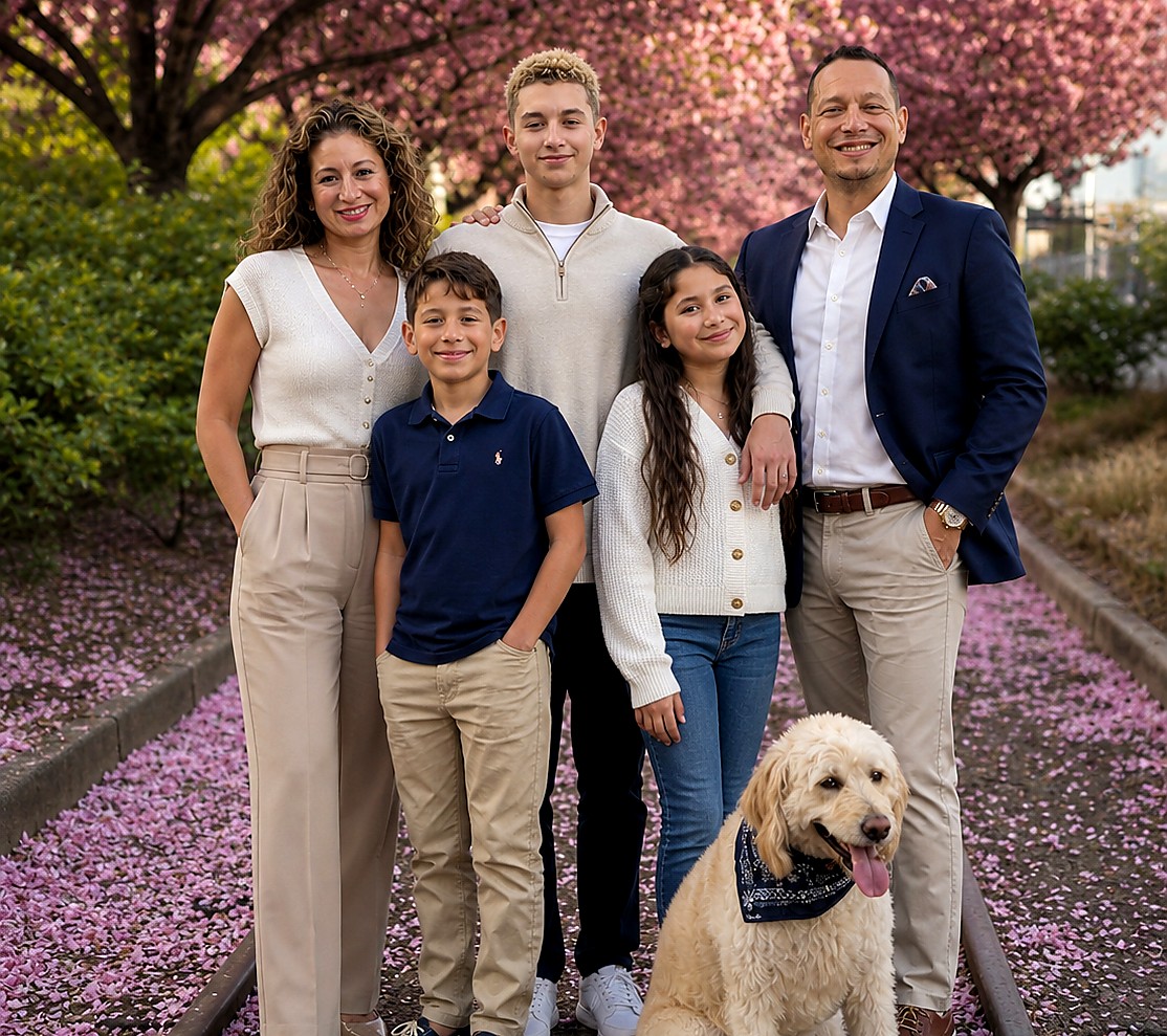 Eric and Haydee Rodriguez with their three children, beneath cherry blossoms.