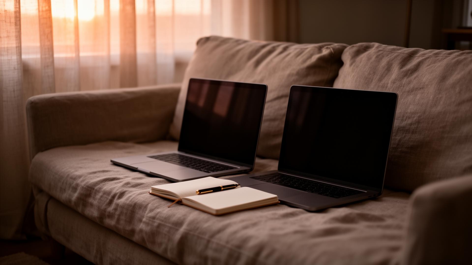 Two laptops open side by side on a linen couch in soft dawn light.