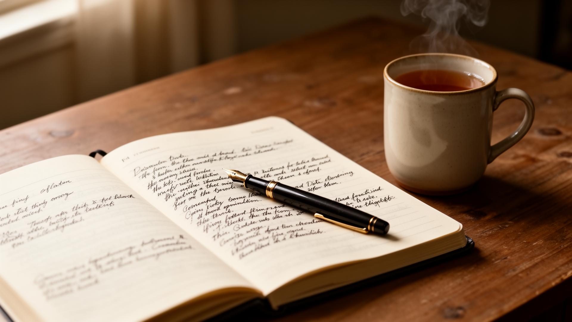 An open workbook with handwritten notes and a fountain pen on a wooden desk.